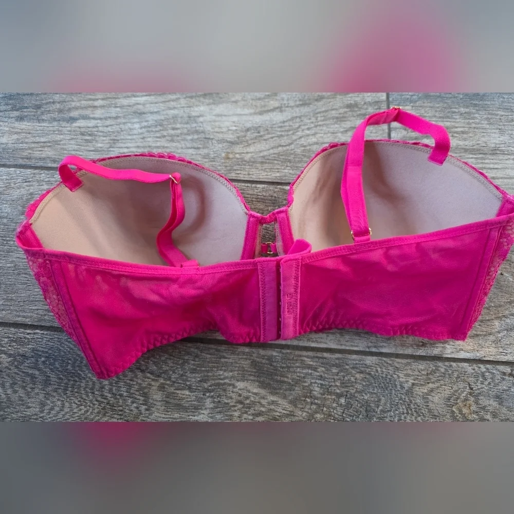 Adored By Adore Me Vibrant Pink Lace Push Up Bustier Bra Sz 36d